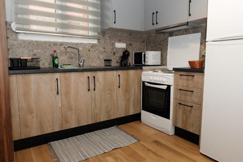 a kitchen with white appliances and wooden cabinets at Bebis House in Prosílion