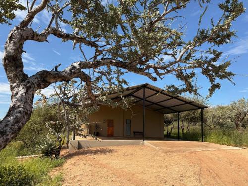 a building with a tree in front of it at Ndefu Self Catering Accommodation in Otjiwarongo