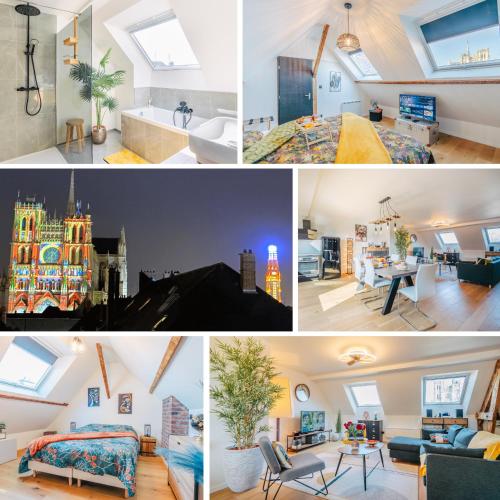 un collage de photos d'une chambre avec fenêtres dans l'établissement Splendid Cathedral à 50m Amiens centre FreeParking, à Amiens