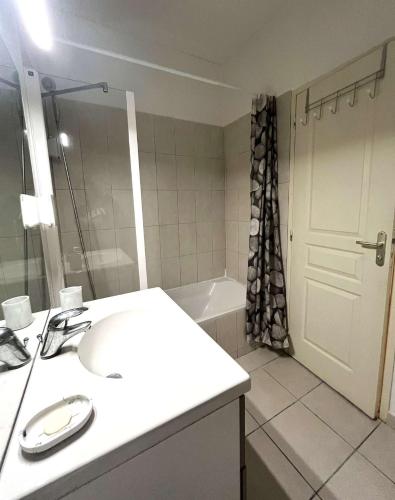 une salle de bain avec un lavabo blanc et une douche dans l'établissement Studio avec piscine SAINT FLORENT FLOJ04, à Saint-Florent