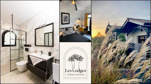 un collage de trois photos d'une salle de bains dans l'établissement Hôtel particulier - Les lodges du Bassin d'Arcachon- Petit-déjeuner sur demande- Prestations haut de gamme, à Gujan-Mestras