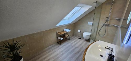 un bagno con lucernario, doccia e WC di Elodia Luxus Apartment - WLAN, Magenta TV, Terrasse, Küche, Babybett a Heidenheim an der Brenz