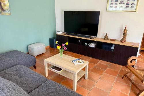 Il comprend un salon doté d'un canapé et d'une table avec une télévision. dans l'établissement Air-Conditioned House with Private Garden in Le Thor pets are welcome, au Thor