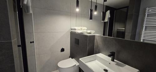 a bathroom with a sink and a toilet and a mirror at Green Port Spa&Wellness Rent Partners in Kołobrzeg