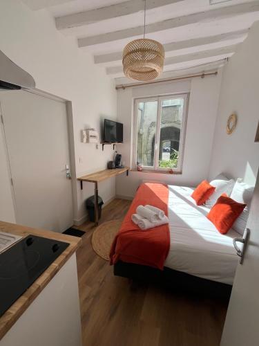 une chambre avec un lit, une table et une télévision dans l'établissement STUDIO CENTRE VILLE ANGERS RDC - 2 personnes, à Angers