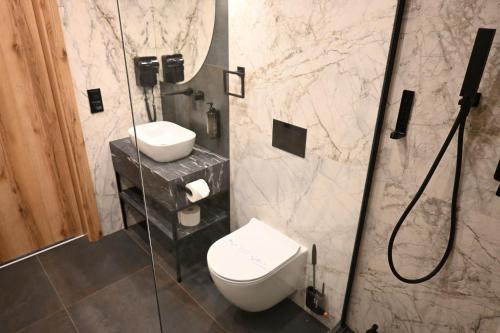 a bathroom with a toilet and a sink and a shower at Hotel Centrum Malbork in Malbork