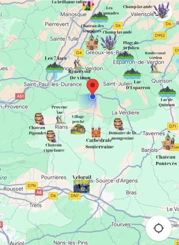 a map of provence with a blue marker at La durance in Ginasservis