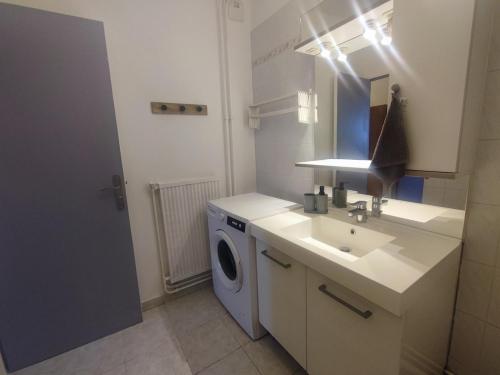une salle de bain avec un lavabo et une machine à laver dans l'établissement Grand appartement lumineux et central, à Lyon