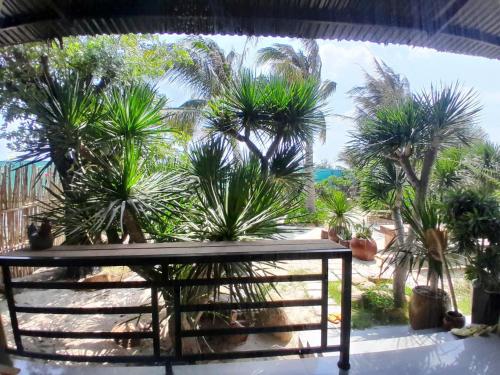a view of palm trees from a balcony at Hành Ngò Homestay - Hòn Đỏ Ninh Thuận in Thôn Dư Khánh