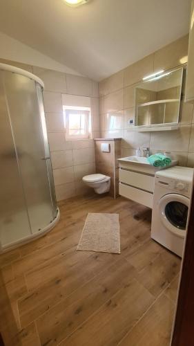 a bathroom with a toilet and a sink and a washing machine at Apartments Ivanovski in Rab