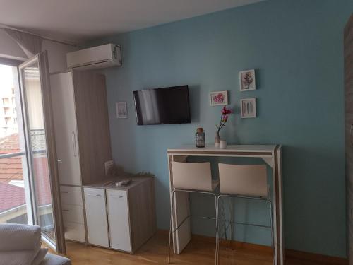 ニシュにあるCentral Parkの青い壁とテーブルと椅子2脚のある部屋