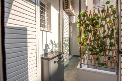 Un pasillo con plantas en macetas en el costado de un edificio. en Acropolis view 4 bedroom flat, en Atenas