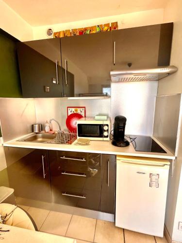 une petite cuisine avec un évier et un micro-ondes dans l'établissement Carnon vue mer, charmant studio plages clim restaurants commerces, à Mauguio