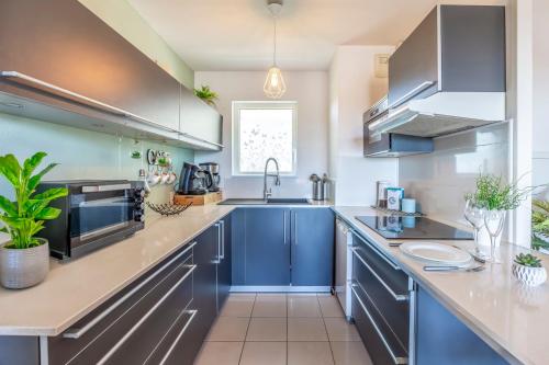 une cuisine avec des armoires bleues et des appareils en acier inoxydable dans l'établissement The Boucau Lodge - Calm - Near to Beach, à Boucau