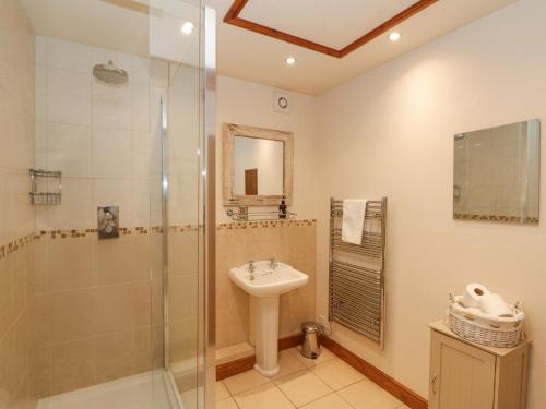 een badkamer met een wastafel en een douche bij Beaver Cottage in Thirsk