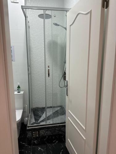 una doccia con una porta in vetro in un bagno di Cozy Flat a Praia