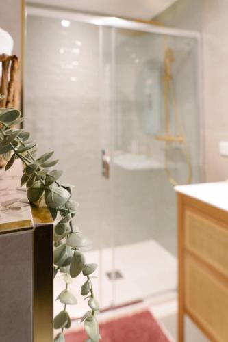 une salle de bain avec une douche avec une porte vitrée dans l'établissement Centre-Ville Le Cannet - Piscine, Tennis, Parking - À 10 min de la Croisette ! - Azur Eden, au Cannet