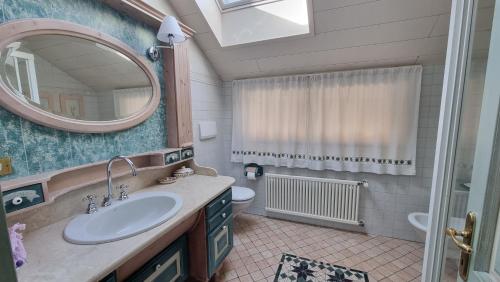 a bathroom with a sink and a mirror and a toilet at Anto in Campitello di Fassa
