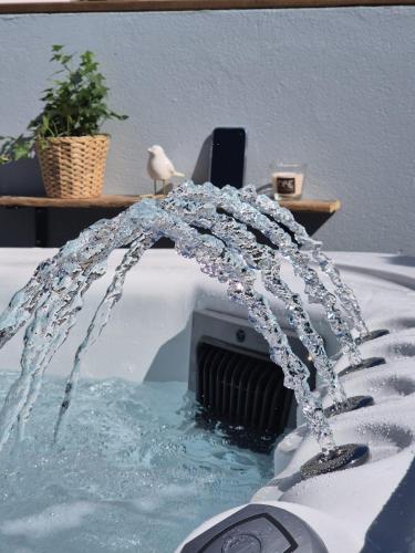 un oiseau assis au-dessus d'une fontaine dans l'établissement Villa de charme avec son écluse, à Saint-Hilaire-de-Riez