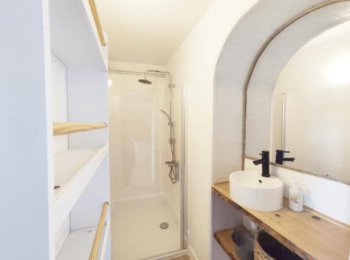 a bathroom with a sink and a shower at Gîte de la Ferme Florale Ponoie in Chezal-Benoît