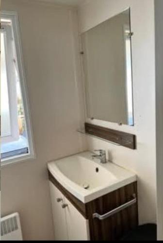 une salle de bain avec un lavabo et un miroir dans l'établissement Mobil home 557, à Gastes