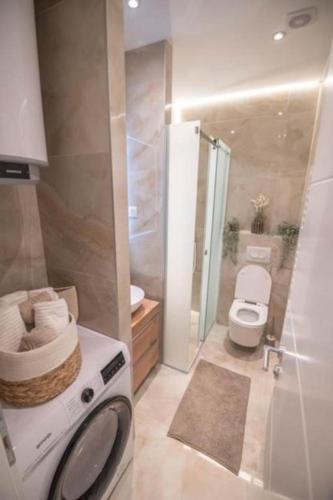 a bathroom with a toilet and a shower and a sink at Canta Amore Suites in Zadar