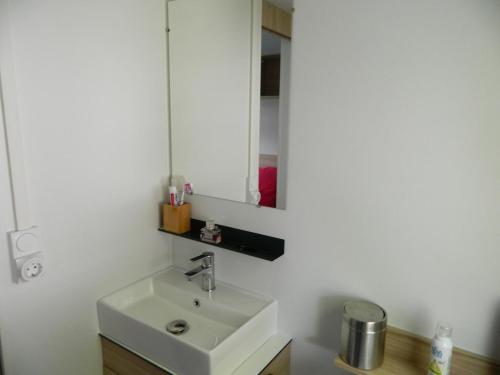 a bathroom with a sink and a mirror at Jolie mobilhome 331 in Gastes