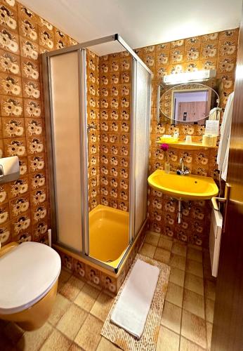a bathroom with a shower and a toilet and a sink at Landhotel Gasthof Eichhof Natters in Innsbruck