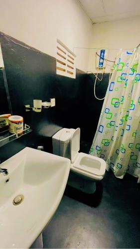 a bathroom with a white toilet and a sink at Green Grass Homestay in Sigiriya