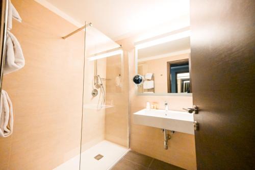 a bathroom with a sink and a glass shower at Hotel Selene Pomezia in Pomezia