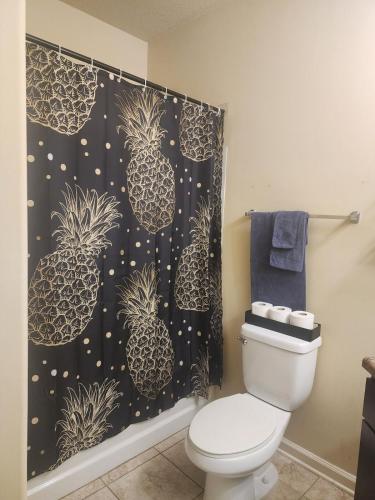 a bathroom with a toilet with a pineapple shower curtain at Frisky Adult Play Place - Stay Fri & Sat get Sunday Free! "Massages Available" in Charlotte