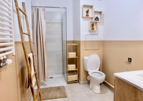 une petite salle de bain avec toilettes et douche dans l'établissement Entre Paris et Disneyland avec charme intérieur, à Noisy-le-Grand