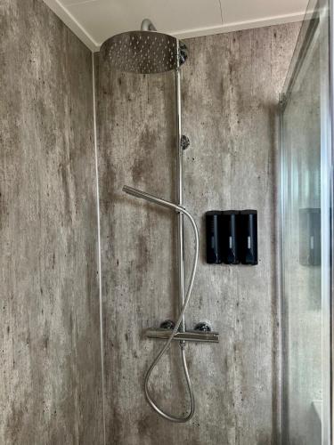 a shower in a bathroom with a glass door at Sallands Boschalet in Haarle