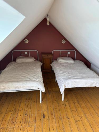 Cette chambre mansardée dispose de 2 lits et de parquet. dans l'établissement Maisonnette de charme, à Quemper-Guézennec