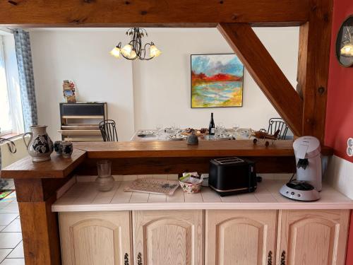 une cuisine avec un comptoir avec un micro-ondes dans l'établissement La Solognote-Châteaux & Beauval, à Contres