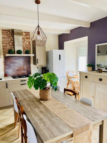 une cuisine avec une table en bois et une plante en pot dans l'établissement La maison du Cordonnier, à Gouesnou