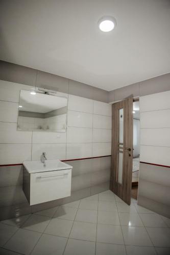 a bathroom with a sink and a mirror at Boierița Home Stay in Fundu Moldovei