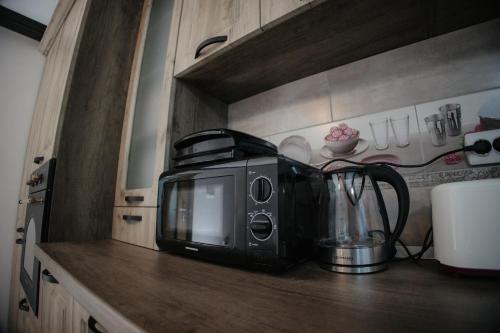 a microwave sitting on a counter in a kitchen at Boierița Home Stay in Fundu Moldovei