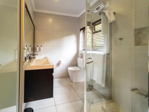 a bathroom with a shower and a sink and a toilet at 727 Church in Clarens