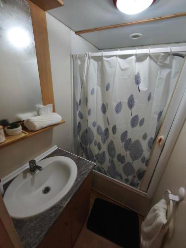 a bathroom with a sink and a shower with a shower curtain at Casa de Camping Land's Hause in Pataias