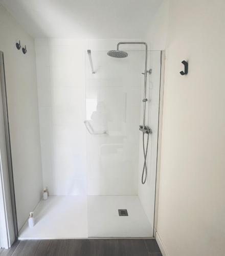 a shower with a glass door in a bathroom at La Moraleja de Sita in Solares