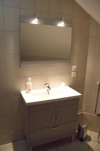 a bathroom with a sink and a mirror at Maison d'Hote le Relais de morville in Fresnes