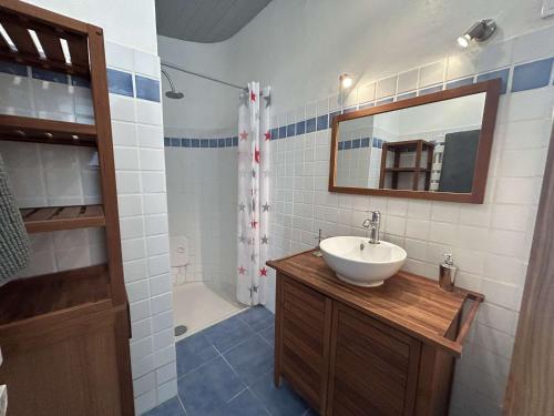 une salle de bain avec un lavabo et un miroir dans l'établissement Maison rénovée 4 couchages avec jardinet, à 2000 m des plages - Noirmoutier-en-l'Île - FR-1-224B-1, à Noirmoutier-en-l'lle