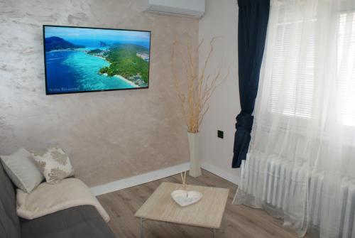 a living room with a flat screen tv on the wall at Apartmani Djordjevic in Belgrade
