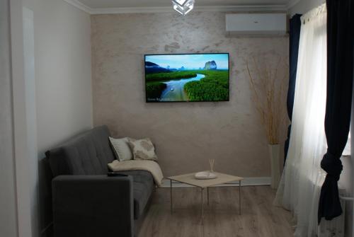 a living room with a couch and a tv on the wall at Apartmani Djordjevic in Belgrade