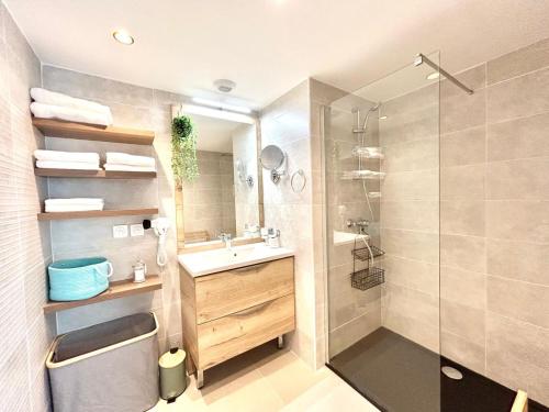 une salle de bain avec un lavabo et une douche dans l'établissement 2 Rooms Villeneuve-Loubet, à Villeneuve-Loubet