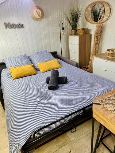 - un lit avec des oreillers jaunes et bleus dans l'établissement Charmand studio mansardé dans le centre ville de Cannes, à Cannes