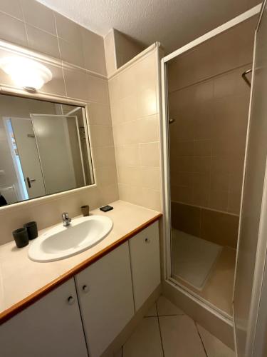 une salle de bain avec un lavabo et une douche dans l'établissement Studio Ocean, à Capbreton