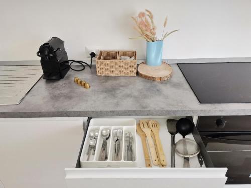 a kitchen counter with a drawer filled with utensils at VerdeMare Big House in Torre a Mare