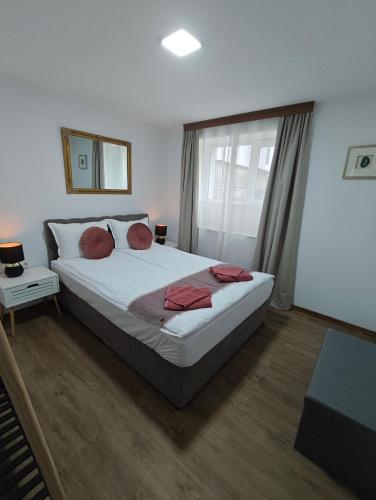 a bedroom with a large bed and a window at Белчини in Dobrinishte